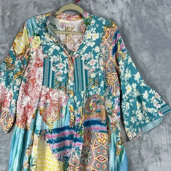 Women Dress  Large Made‎ In Italy Mix Print Patch Dress Fairy Bell Sleeve - Picture 4 of 12